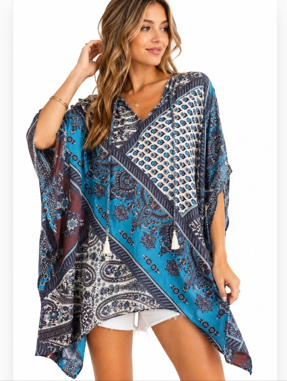 Tienda Ho Blue Paisley Boho Kaftan Tunic Cover Up Poncho One Size New